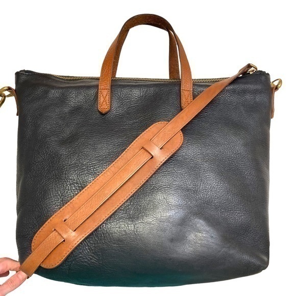 Madewell black and brown leather transporter top handle crossbody bag